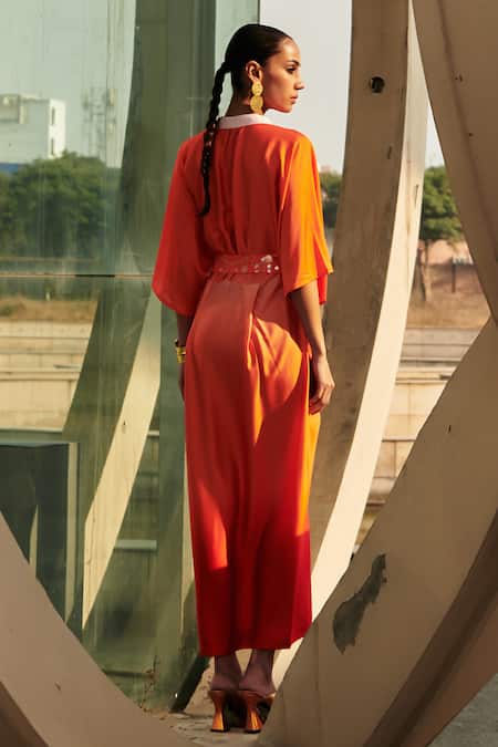 Shop Cin Cin Orange Denim Sequins Mandarin Collar Ombre Midi Dress With Belt at Aza Fashions Shop_Cin Cin_Orange Denim Sequins Mandarin Collar Ombre Midi Dress With Belt _at_Aza_Fashions