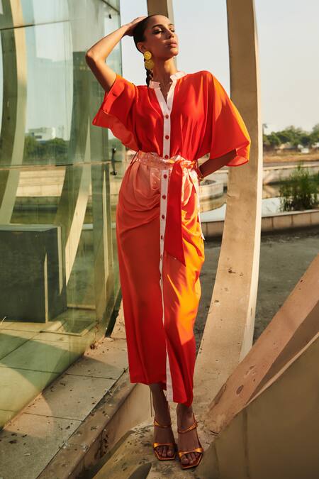 Cin Cin Orange Denim Sequins Mandarin Collar Ombre Midi Dress With Belt Online at Aza Fashions Cin Cin_Orange Denim Sequins Mandarin Collar Ombre Midi Dress With Belt _Online_at_Aza_Fashions