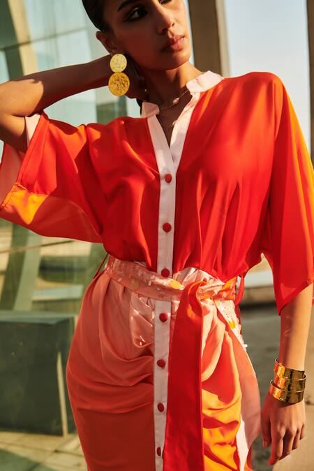 Buy Cin Cin Orange Denim Sequins Mandarin Collar Ombre Midi Dress With Belt Online at Aza Fashions Buy_Cin Cin_Orange Denim Sequins Mandarin Collar Ombre Midi Dress With Belt _Online_at_Aza_Fashions