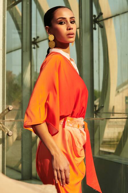 Cin Cin Orange Denim Sequins Mandarin Collar Ombre Midi Dress With Belt at Aza Fashions Cin Cin_Orange Denim Sequins Mandarin Collar Ombre Midi Dress With Belt _at_Aza_Fashions