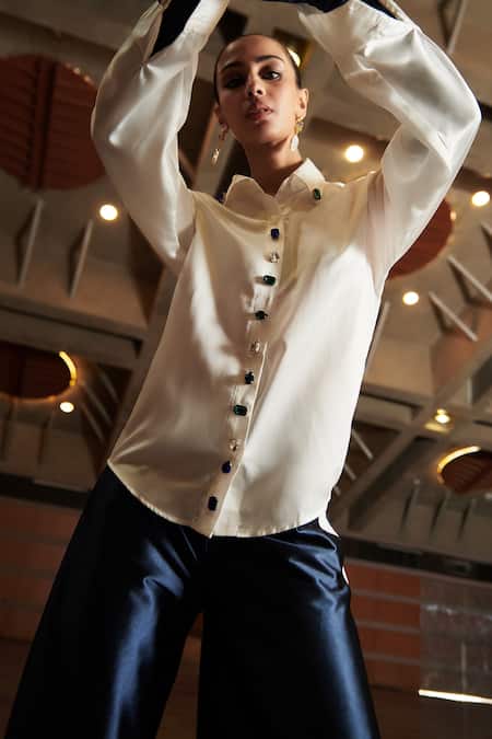 Metallic Blue Silk Shirt and White Trousers Set for Women