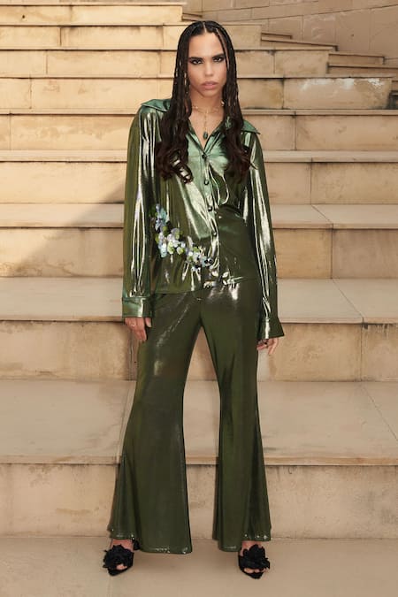 Cin Cin Green Metallic Lycra Embroidered Sequin Collared Shirt And Pant Set 