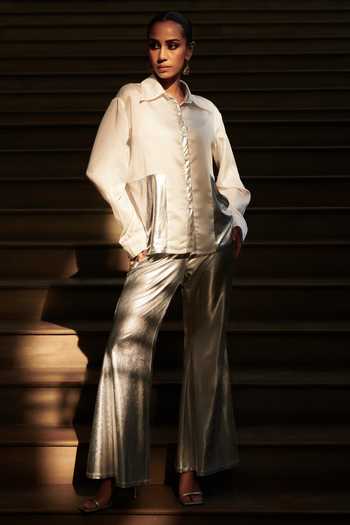Buy Cin Cin White Leather, Satin Collared Sheer Shirt With Pant at Aza Fashions Buy_Cin Cin_White Leather, Satin Collared Sheer Shirt With Pant_at_Aza_Fashions