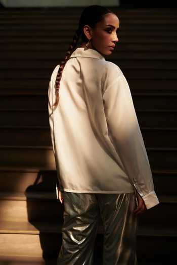 Shop Cin Cin White Leather, Satin Collared Sheer Shirt With Pant at Aza Fashions Shop_Cin Cin_White Leather, Satin Collared Sheer Shirt With Pant_at_Aza_Fashions