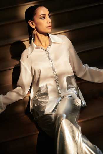 Shop Cin Cin White Leather, Satin Collared Sheer Shirt With Pant Online at Aza Fashions Shop_Cin Cin_White Leather, Satin Collared Sheer Shirt With Pant_Online_at_Aza_Fashions