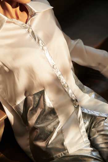 Cin Cin White Leather, Satin Collared Sheer Shirt With Pant at Aza Fashions Cin Cin_White Leather, Satin Collared Sheer Shirt With Pant_at_Aza_Fashions
