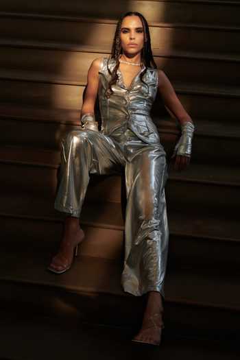 Cin Cin_Silver Leather Crystals Collared Vest And Pant Set_Online_at_Aza_Fashions