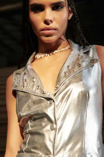 Cin Cin_Silver Leather Crystals Collared Vest And Pant Set_at_Aza_Fashions