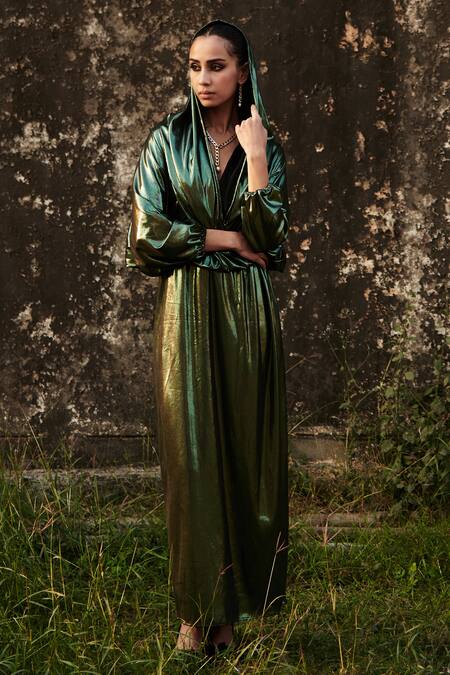 Buy_Cin Cin_Green Lycra Cowl Neck, Metallic Draped Bodice Dress_Online_at_Aza_Fashions