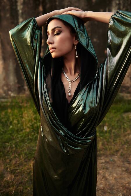 Shop_Cin Cin_Green Lycra Cowl Neck, Metallic Draped Bodice Dress_Online_at_Aza_Fashions