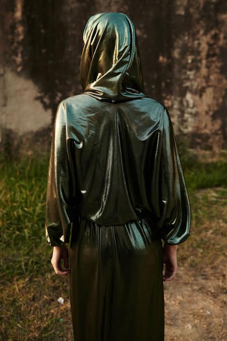 Cin Cin_Green Lycra Cowl Neck, Metallic Draped Bodice Dress_at_Aza_Fashions