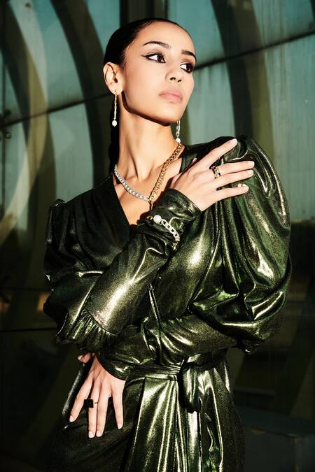 Shop Cin Cin Green Lycra V-neck Metallic Wrap Dress Online at Aza Fashions Shop_Cin Cin_Green Lycra V-neck Metallic Wrap Dress _Online_at_Aza_Fashions