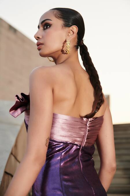 Shop_Cin Cin_Purple Lycra, Polyester Off-shoulder Metallic Strapless Dress_Online_at_Aza_Fashions