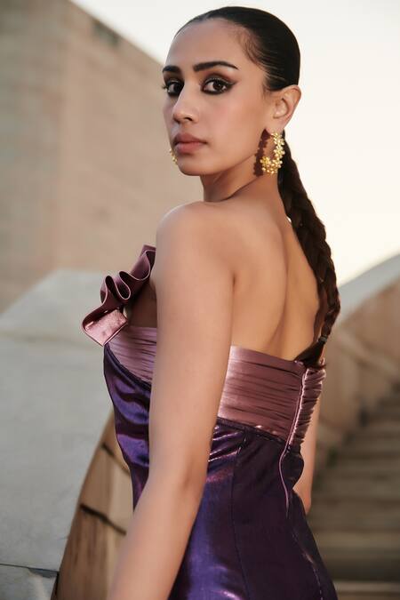 Cin Cin_Purple Lycra, Polyester Off-shoulder Metallic Strapless Dress_at_Aza_Fashions