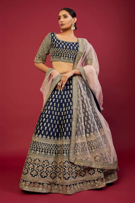 Kalighata Blue Raw Silk Embroidery Zardozi Square Bahar And Zari Bridal Lehenga Set 