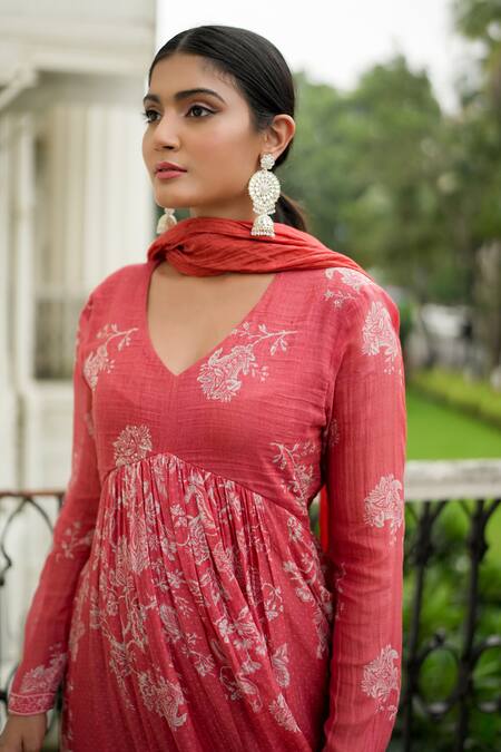 Almaari By Pooja Patel_Red Chanderi Embroidery, Tassels V-neck Flower Print Anarkali Pant Set_Online_at_Aza_Fashions