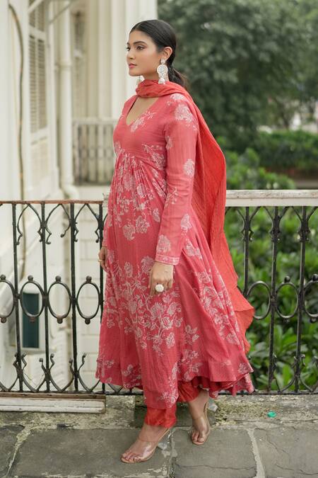 Buy_Almaari By Pooja Patel_Red Chanderi Embroidery, Tassels V-neck Flower Print Anarkali Pant Set_Online_at_Aza_Fashions