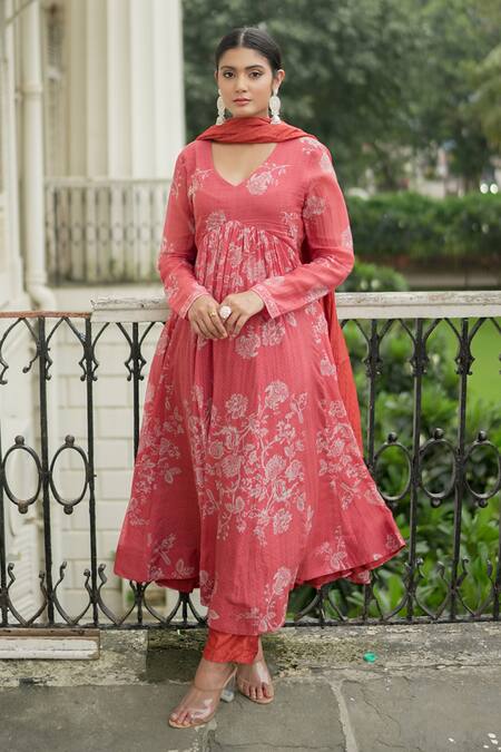 Shop_Almaari By Pooja Patel_Red Chanderi Embroidery, Tassels V-neck Flower Print Anarkali Pant Set_Online_at_Aza_Fashions