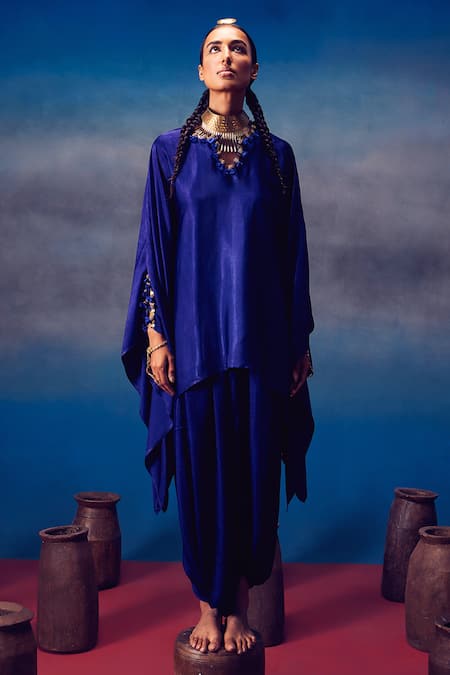 Shop_5elements_Blue Modal, Satin Beads, Arundhati Neckline Embellished Kaftan And Pant Set _at_Aza_Fashions