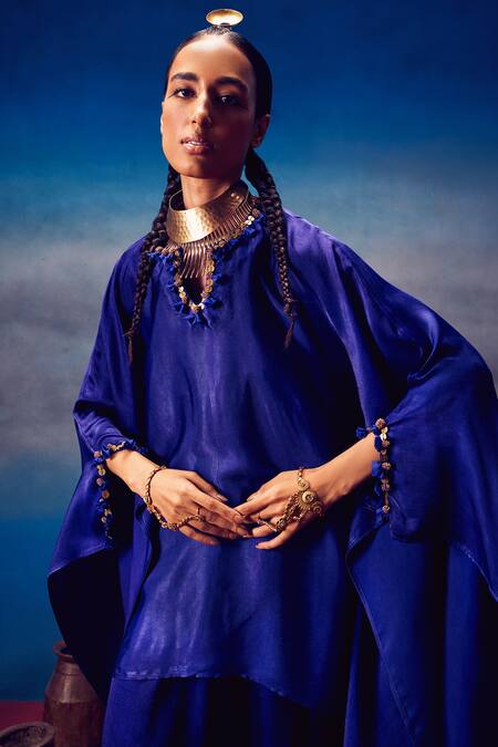 5elements_Blue Modal, Satin Beads, Arundhati Neckline Embellished Kaftan And Pant Set _Online_at_Aza_Fashions