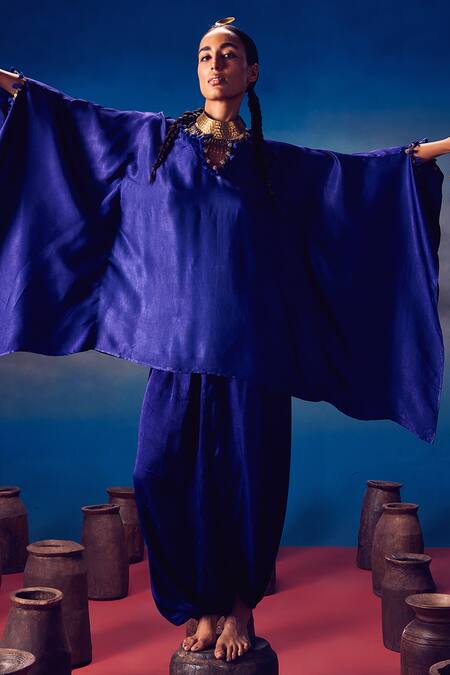 Shop_5elements_Blue Modal, Satin Beads, Arundhati Neckline Embellished Kaftan And Pant Set _Online_at_Aza_Fashions