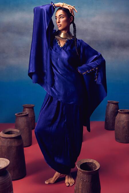 5elements_Blue Modal, Satin Beads, Arundhati Neckline Embellished Kaftan And Pant Set _at_Aza_Fashions