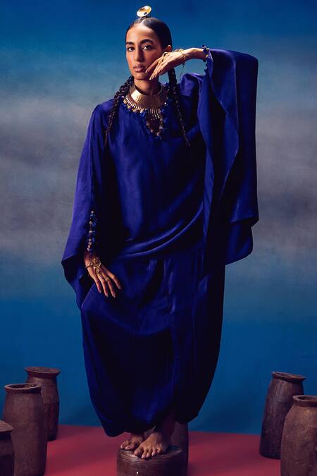 Buy_5elements_Blue Modal, Satin Beads, Arundhati Neckline Embellished Kaftan And Pant Set 
