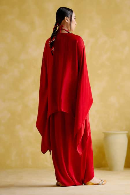 Shop 5elements Red Modal, Satin Beads, Arundhati Placement Embellished Kaftan And Pant Set at Aza Fashions Shop_5elements_Red Modal, Satin Beads, Arundhati Placement Embellished Kaftan And Pant Set _at_Aza_Fashions