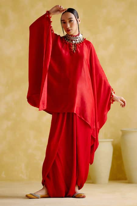 5elements Red Modal, Satin Beads, Arundhati Placement Embellished Kaftan And Pant Set Online at Aza Fashions 5elements_Red Modal, Satin Beads, Arundhati Placement Embellished Kaftan And Pant Set _Online_at_Aza_Fashions