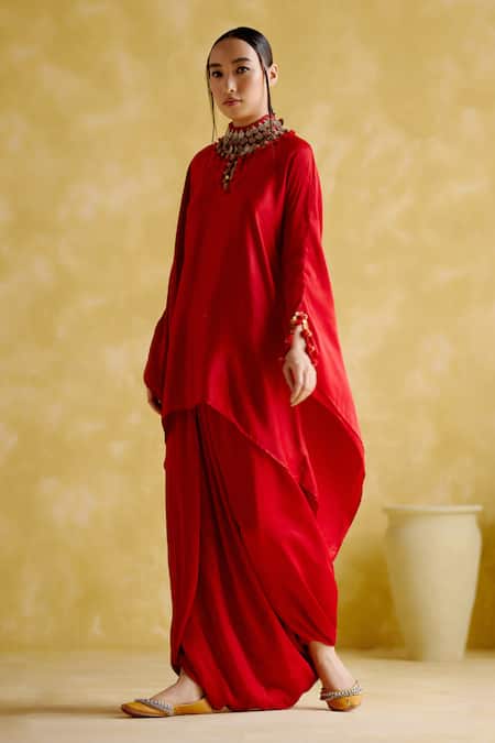 Buy 5elements Red Modal, Satin Beads, Arundhati Placement Embellished Kaftan And Pant Set Online at Aza Fashions Buy_5elements_Red Modal, Satin Beads, Arundhati Placement Embellished Kaftan And Pant Set _Online_at_Aza_Fashions
