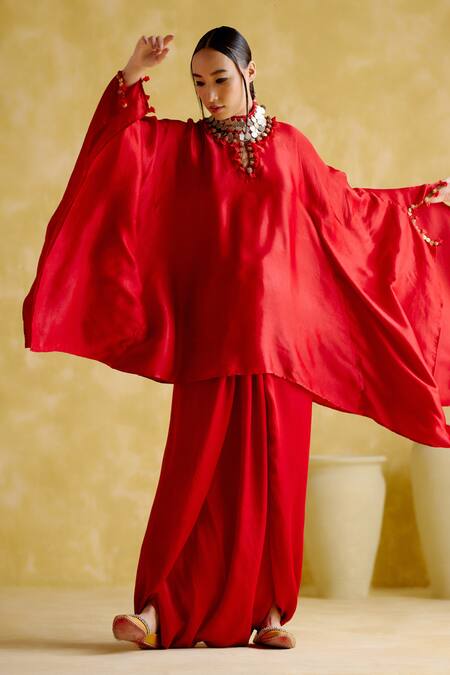 5elements Red Modal, Satin Beads, Arundhati Placement Embellished Kaftan And Pant Set at Aza Fashions 5elements_Red Modal, Satin Beads, Arundhati Placement Embellished Kaftan And Pant Set _at_Aza_Fashions