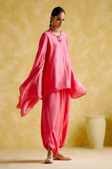 5elements_Pink Modal, Satin Tassels, Beads, Arundhati Embellished Kaftan And Pant Set _at_Aza_Fashions