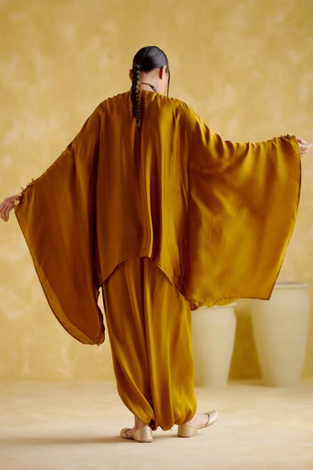 Shop_5elements_Yellow Modal, Satin Tassels, Beads Arundhati Metal Embellished Kaftan And Pant Set _at_Aza_Fashions