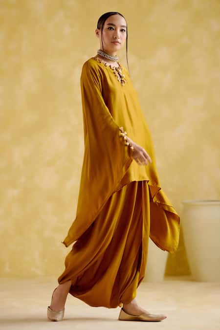 5elements_Yellow Modal, Satin Tassels, Beads Arundhati Metal Embellished Kaftan And Pant Set _Online_at_Aza_Fashions