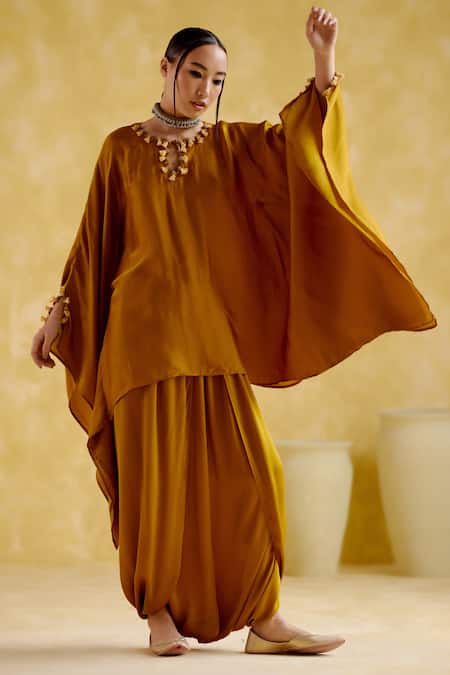 Buy_5elements_Yellow Modal, Satin Tassels, Beads Arundhati Metal Embellished Kaftan And Pant Set _Online_at_Aza_Fashions