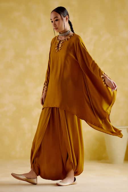 Shop_5elements_Yellow Modal, Satin Tassels, Beads Arundhati Metal Embellished Kaftan And Pant Set _Online_at_Aza_Fashions