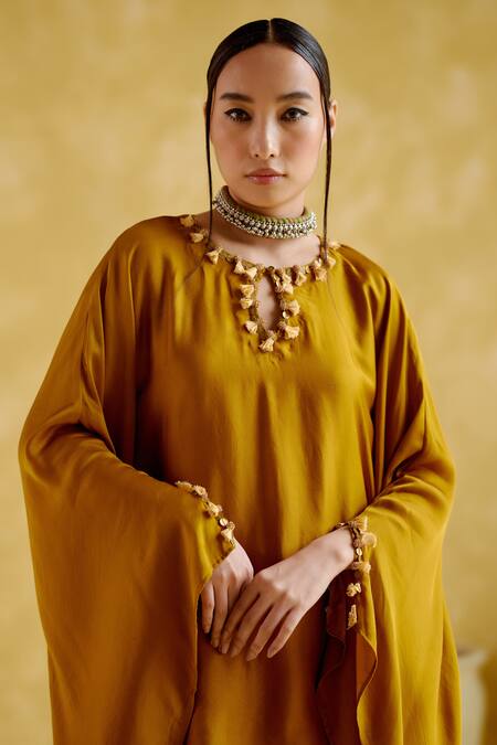 5elements_Yellow Modal, Satin Tassels, Beads Arundhati Metal Embellished Kaftan And Pant Set _at_Aza_Fashions