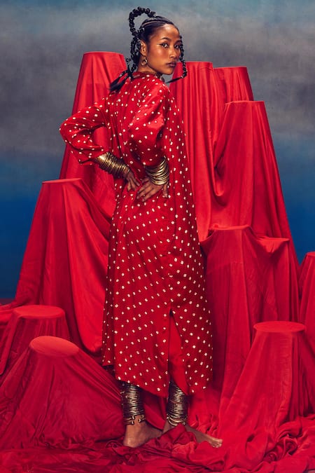 Shop 5elements Red Modal, Satin Tassels, Beads Malini Bandhani Pattern Jacket Draped Skirt Set at Aza Fashions Shop_5elements_Red Modal, Satin Tassels, Beads Malini Bandhani Pattern Jacket Draped Skirt Set _at_Aza_Fashions