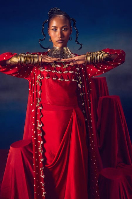 5elements Red Modal, Satin Tassels, Beads Malini Bandhani Pattern Jacket Draped Skirt Set Online at Aza Fashions 5elements_Red Modal, Satin Tassels, Beads Malini Bandhani Pattern Jacket Draped Skirt Set _Online_at_Aza_Fashions