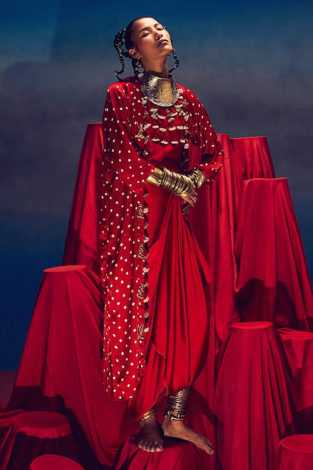 Buy 5elements Red Modal, Satin Tassels, Beads Malini Bandhani Pattern Jacket Draped Skirt Set Online at Aza Fashions Buy_5elements_Red Modal, Satin Tassels, Beads Malini Bandhani Pattern Jacket Draped Skirt Set _Online_at_Aza_Fashions