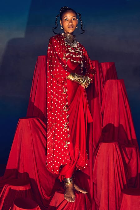 Shop 5elements Red Modal, Satin Tassels, Beads Malini Bandhani Pattern Jacket Draped Skirt Set Online at Aza Fashions Shop_5elements_Red Modal, Satin Tassels, Beads Malini Bandhani Pattern Jacket Draped Skirt Set _Online_at_Aza_Fashions