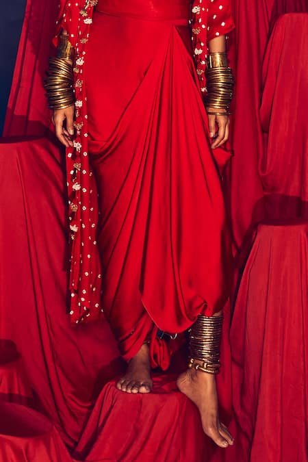 5elements Red Modal, Satin Tassels, Beads Malini Bandhani Pattern Jacket Draped Skirt Set at Aza Fashions 5elements_Red Modal, Satin Tassels, Beads Malini Bandhani Pattern Jacket Draped Skirt Set _at_Aza_Fashions