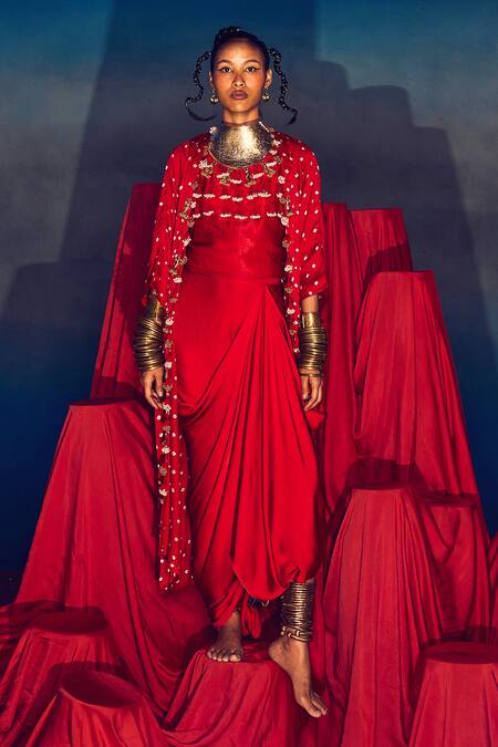 Buy 5elements Red Modal, Satin Tassels, Beads Malini Bandhani Pattern Jacket Draped Skirt Set Buy_5elements_Red Modal, Satin Tassels, Beads Malini Bandhani Pattern Jacket Draped Skirt Set