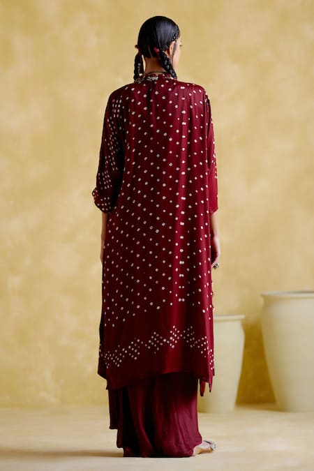 Shop 5elements Maroon Modal Satin Embellished Bandhani Jacket Open Malini Draped Skirt Set at Aza Fashions Shop_5elements_Maroon Modal Satin Embellished Bandhani Jacket Open Malini Draped Skirt Set _at_Aza_Fashions