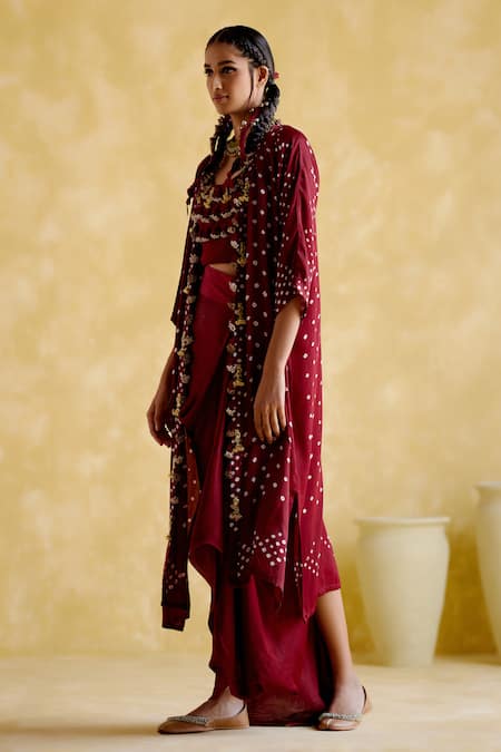 5elements Maroon Modal Satin Embellished Bandhani Jacket Open Malini Draped Skirt Set Online at Aza Fashions 5elements_Maroon Modal Satin Embellished Bandhani Jacket Open Malini Draped Skirt Set _Online_at_Aza_Fashions