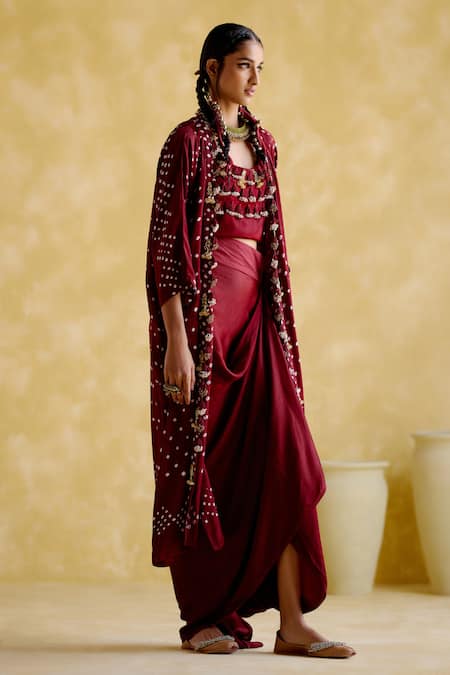 Buy 5elements Maroon Modal Satin Embellished Bandhani Jacket Open Malini Draped Skirt Set Online at Aza Fashions Buy_5elements_Maroon Modal Satin Embellished Bandhani Jacket Open Malini Draped Skirt Set _Online_at_Aza_Fashions