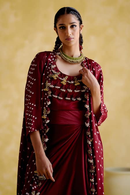 Shop 5elements Maroon Modal Satin Embellished Bandhani Jacket Open Malini Draped Skirt Set Online at Aza Fashions Shop_5elements_Maroon Modal Satin Embellished Bandhani Jacket Open Malini Draped Skirt Set _Online_at_Aza_Fashions