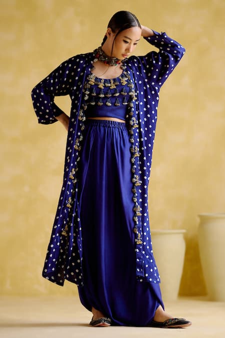 5Elements Blue Modal Satin Embellished Bandhani Jacket Malini Work Draped Skirt Set 