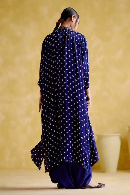 Shop 5elements Blue Modal Satin Embellished Bandhani Jacket Malini Work Draped Skirt Set at Aza Fashions Shop_5elements_Blue Modal Satin Embellished Bandhani Jacket Malini Work Draped Skirt Set _at_Aza_Fashions