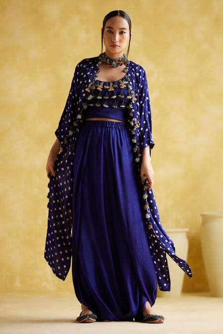 5elements Blue Modal Satin Embellished Bandhani Jacket Malini Work Draped Skirt Set Online at Aza Fashions 5elements_Blue Modal Satin Embellished Bandhani Jacket Malini Work Draped Skirt Set _Online_at_Aza_Fashions